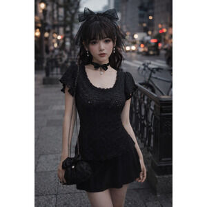 Chenault Black Ruffle sleeve Dark coquette top SZ small Lace knit Fairy grunge